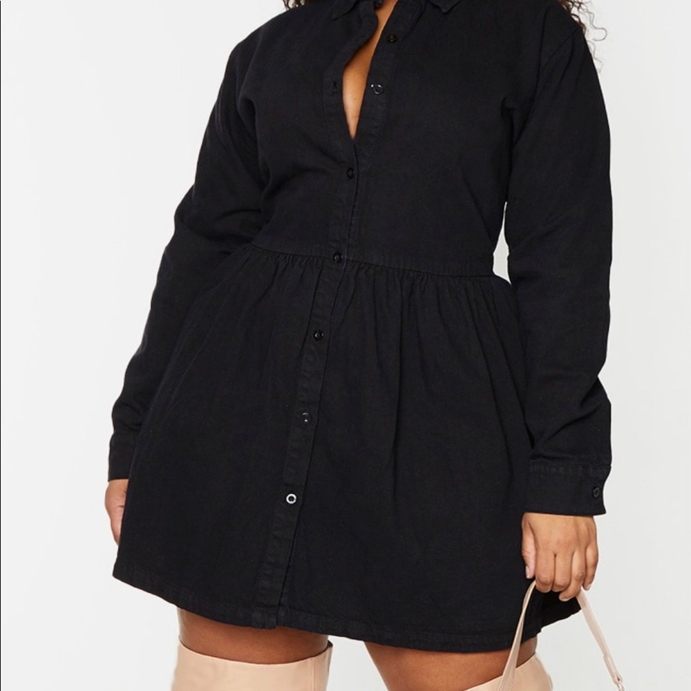 Prettylittlething PLUS Black Denim Frill Hem Shift Dress